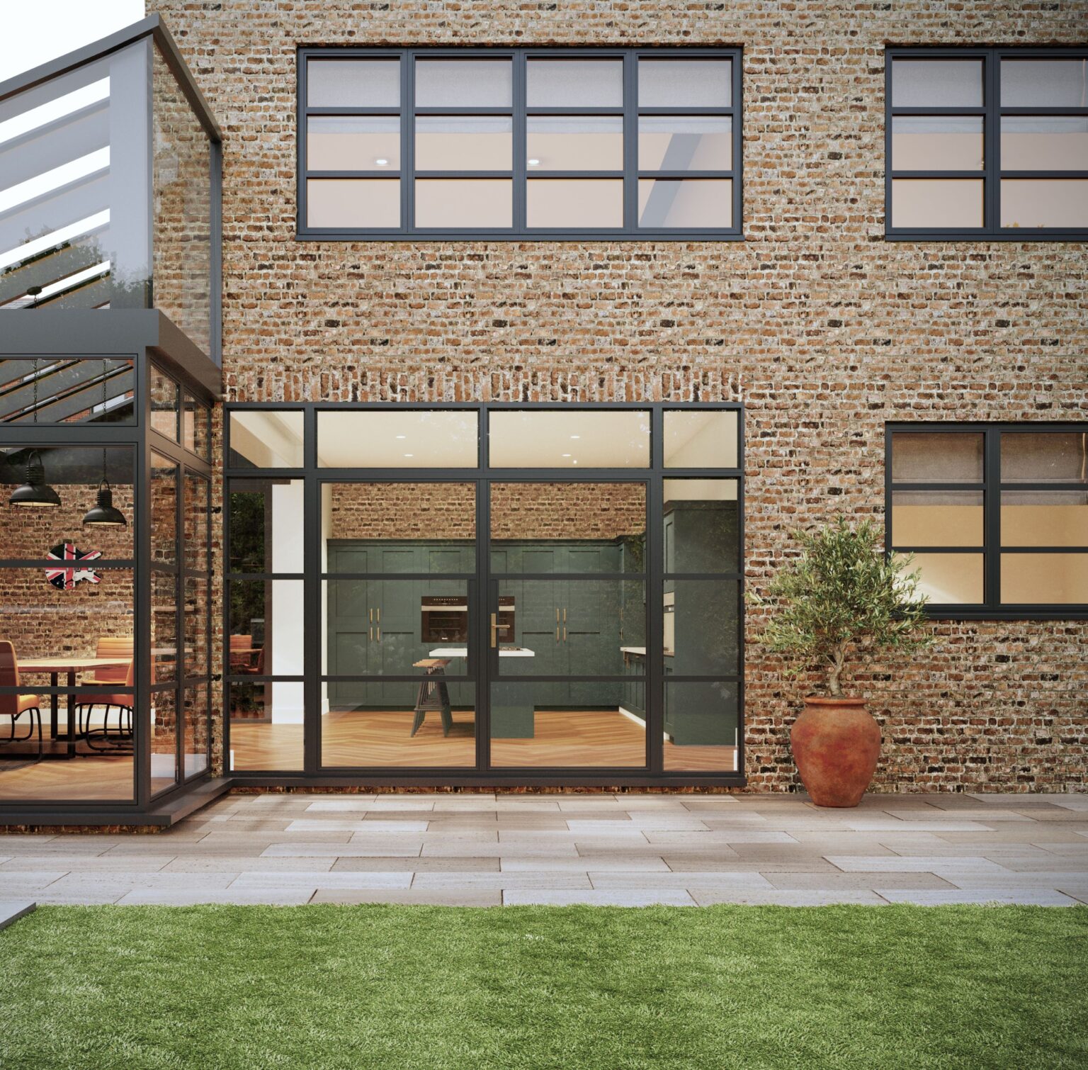 Heritage-style glazed doors and windows framing a brick courtyard