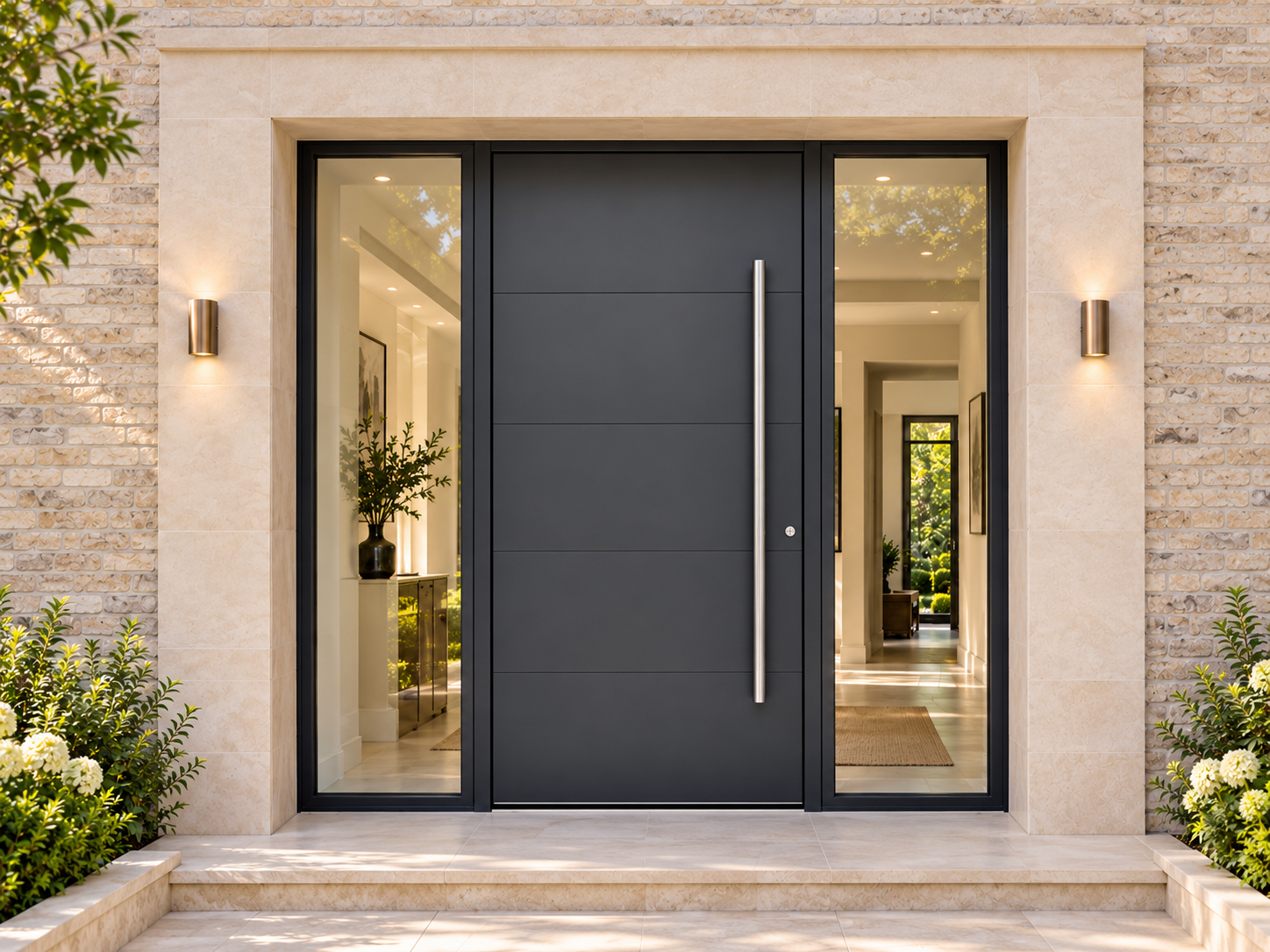 Design inspiration: full-height anthracite entrance door with a silver pull handle, glazed sidelights and a pale stone surround