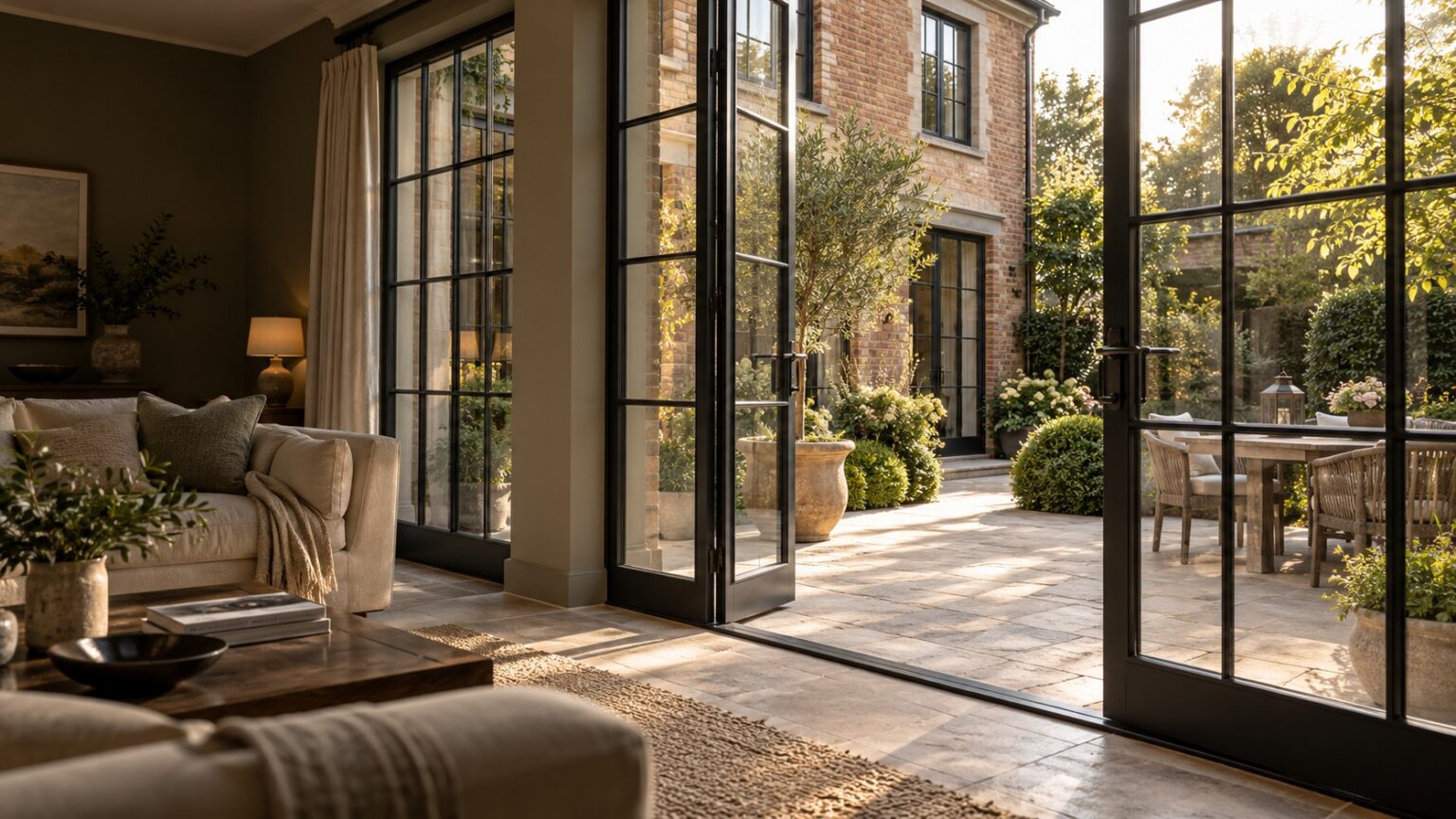 Design inspiration: slender black heritage French doors opening a warm living room onto a landscaped courtyard