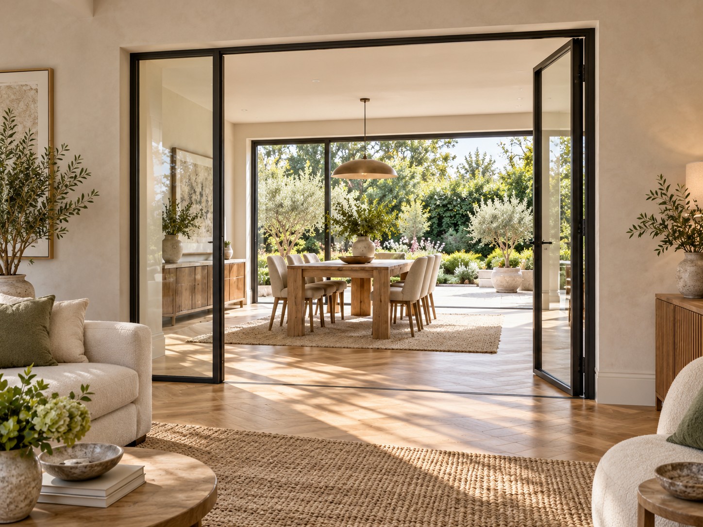 Design inspiration: slender dark glazed doors connecting a bright oak-floored living room and dining space