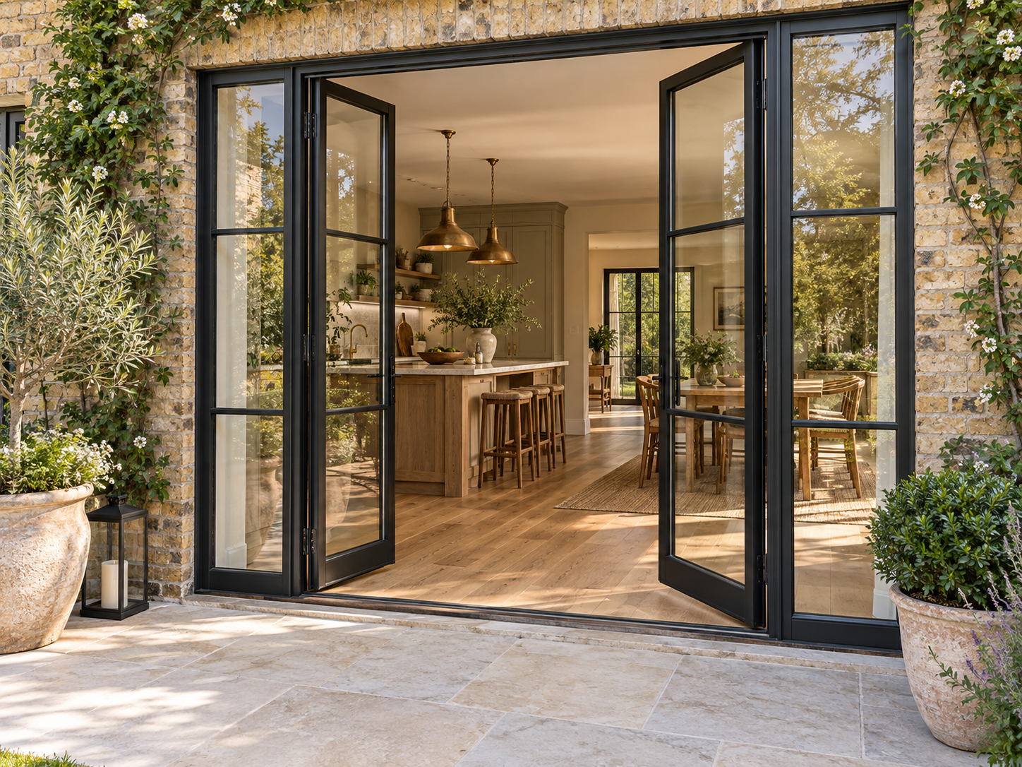 Design inspiration: slim black heritage-style French doors opening to a warm oak kitchen