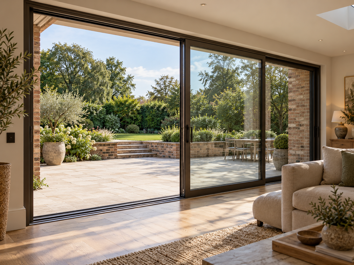 Design inspiration: slim dark aluminium sliding doors opening a living room onto a landscaped garden